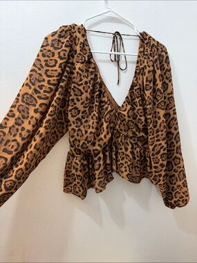 H&M Leopard Print V-Neck Peplum Blouse - Brown/Black